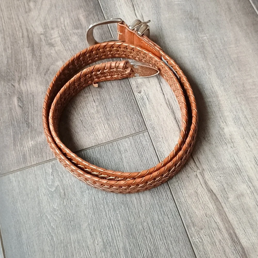 Fossil Tan Braided Leather Belt with Silver Buckle